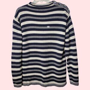 Laura Ashley Striped Cotton Sweater Button Shoulder Womens Navy/White Medium